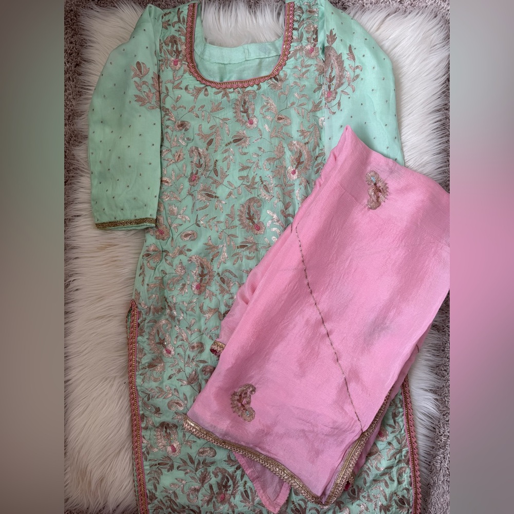 Embroidered Mint Green and Pink Traditional Outfit